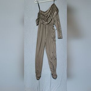 David Howard for Climax 1980s one shoulder gray sequin jumpsuit